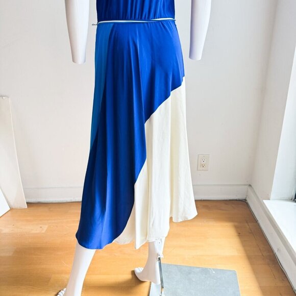 Vintage Tristan Blue Ivory Colour block SILK Midi Dress XS - Picture 6 of 8